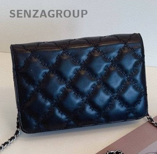 Chanel Calfskin Chain Crossbody Shoulder Bag Black Silver Women Classic