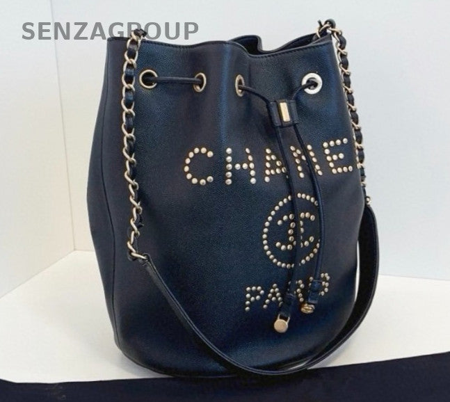 Chanel Calfskin Bucket Chain Shoulder Bag Crossbody Black Gold Women Classic