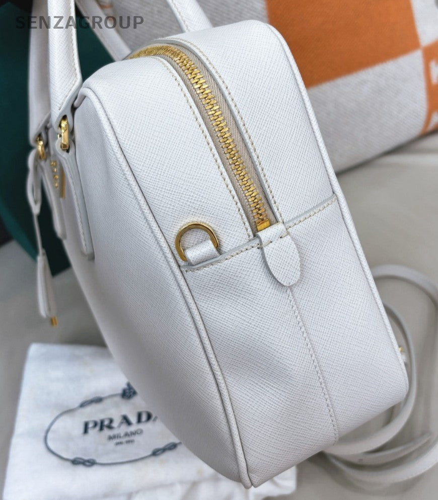 Prada Plum30 Calfskin Top Handle Bag Crossbody White Gold Women Classic