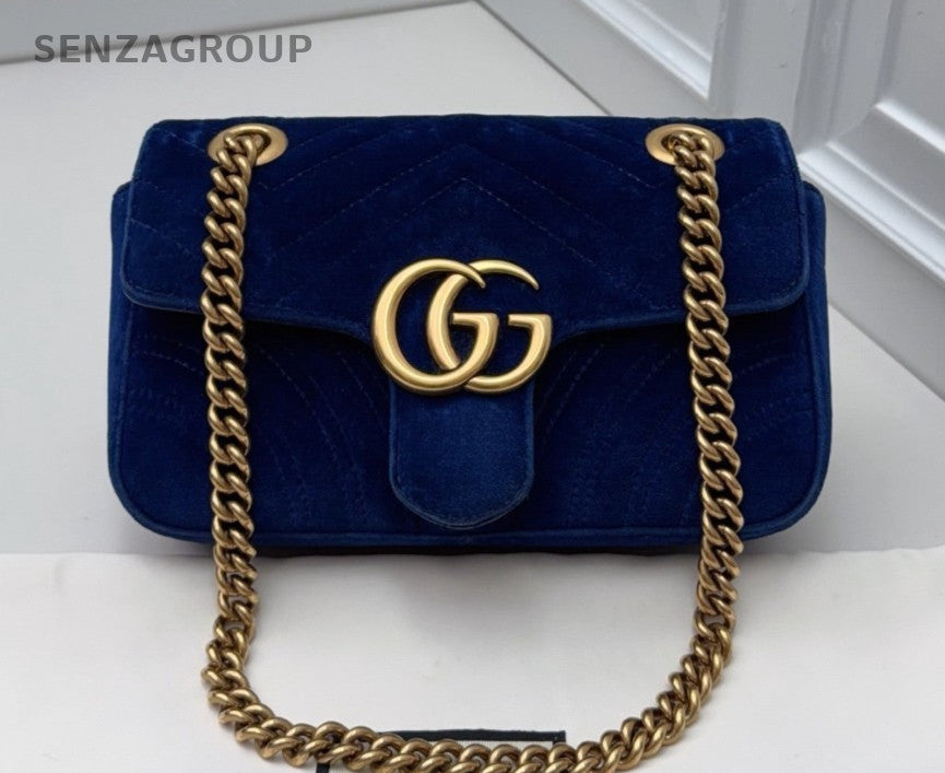 Gucci Marmont 22 Chain Shoulder Bag Crossbody Blue Gold Women Classic Fashion