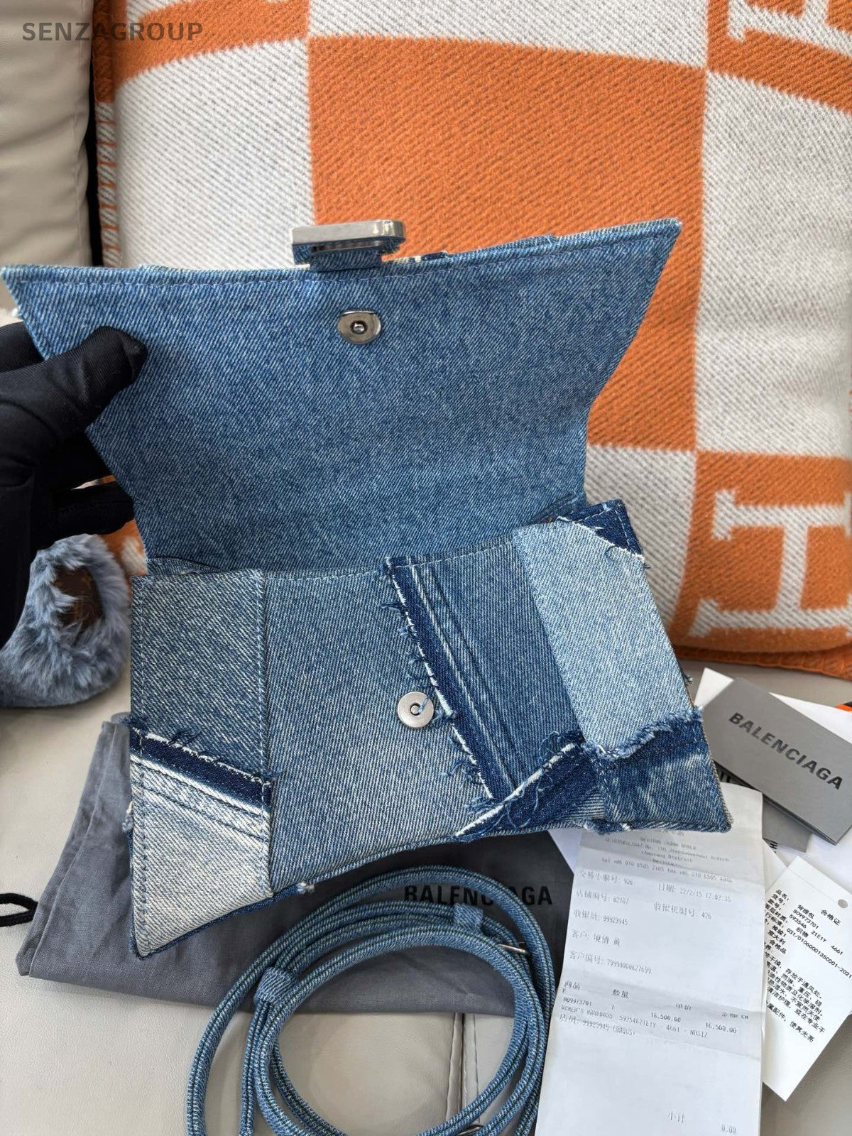 Balenciaga Hourglass Denim Top Handle 2WAY Shoulder Handbag Women Blue