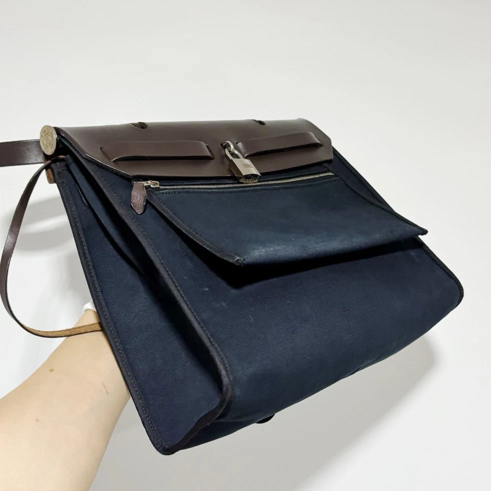 Hermes Herbag31 Navy Canvas Handbag Shoulder Bag Silver Hardware