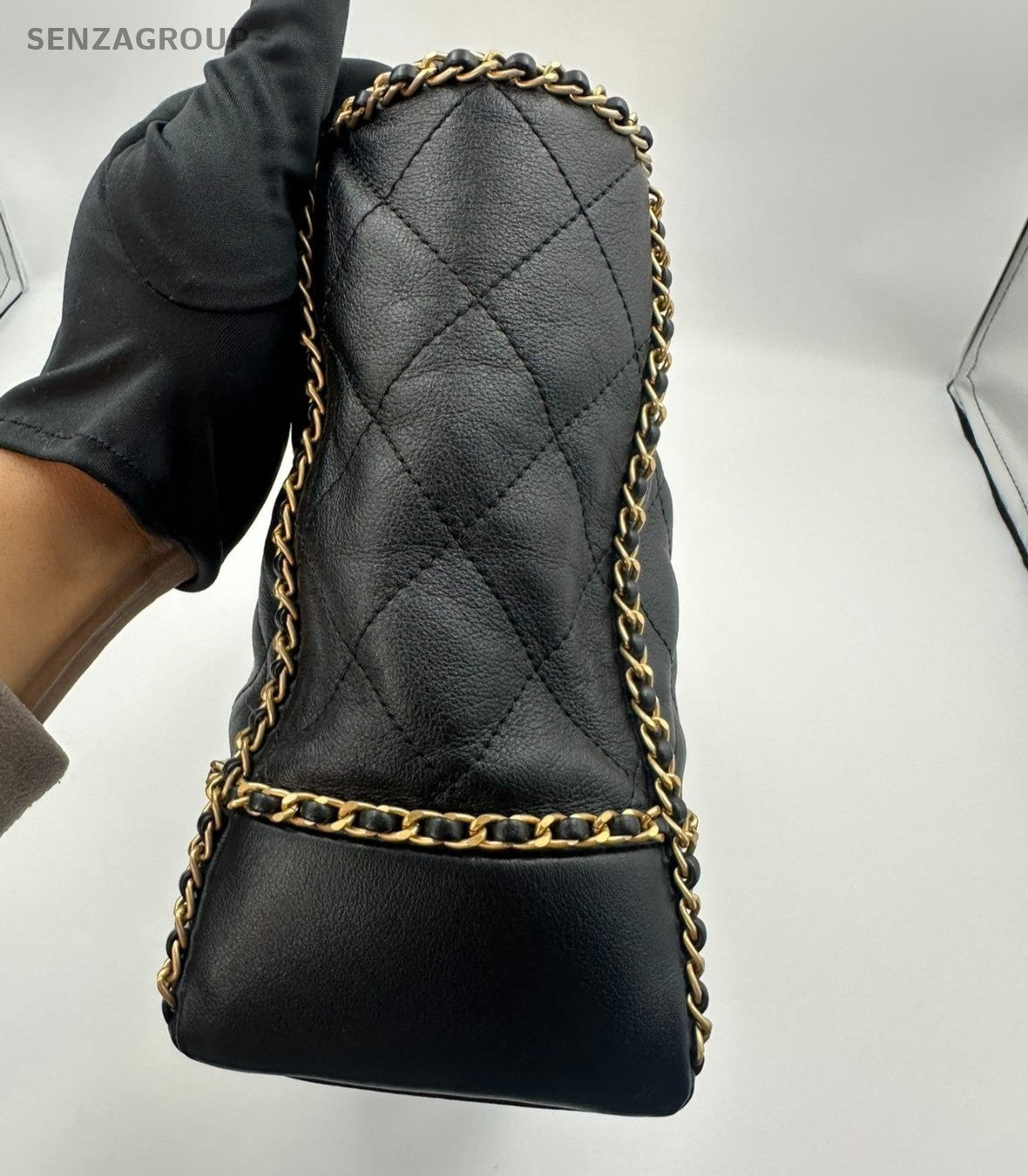 Chanel Diamond Calfskin Tote Chain Shoulder Bag Black Gold Women Classic