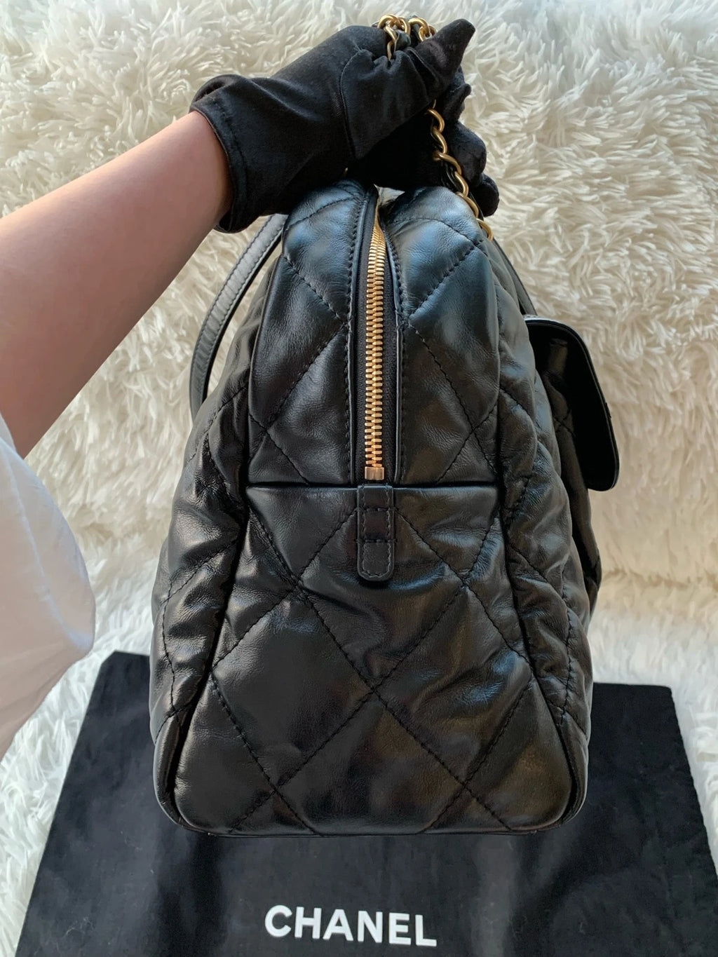 CHANEL Large Capacity Bowling Bag Waxed Leather For Women