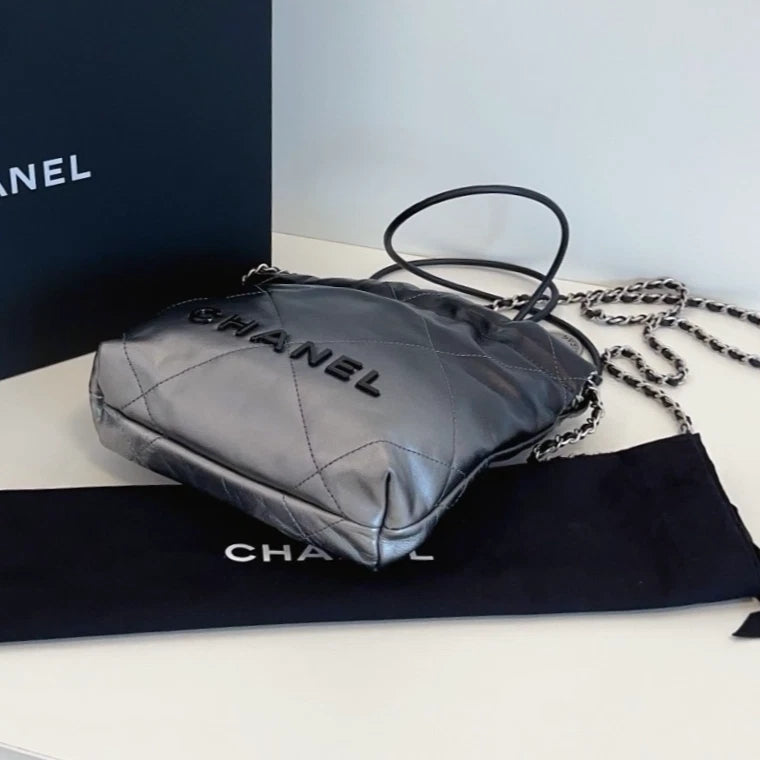 Chanel 22Bag Mini Chain Top Handle Shoulder Crossbody Black Silver Women Classic
