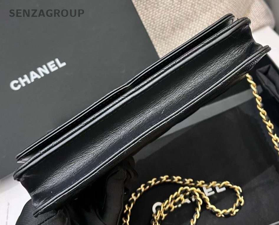 Chanel Vanity WOC Chain Shoulder Bag Crossbody Black Gold Diamond Women Classic