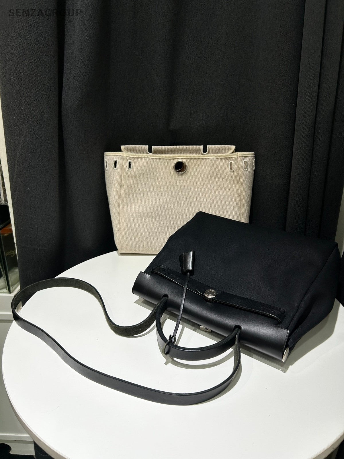 Hermes Herbag31 Top Handle Canvas Shoulder Handbag Black White Classic