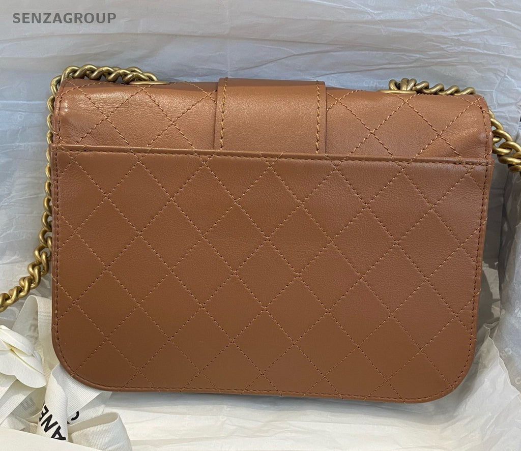 Chanel Bombay MM Calfskin Chain Shoulder Bag Crossbody Brown Gold Women Classic