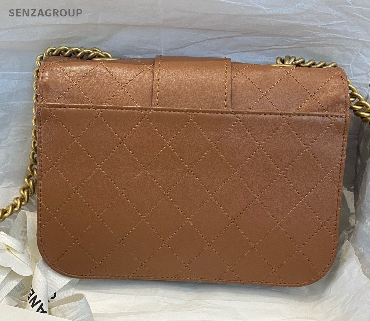 Chanel Bombay MM Calfskin Chain Shoulder Bag Crossbody Brown Gold Women Classic