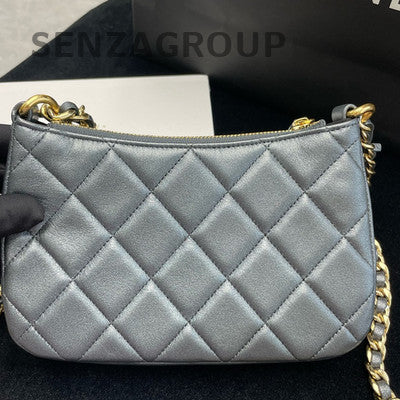 Chanel 24P Grey Gold Quilted Chain Hobo Bag - Women's Fashion
