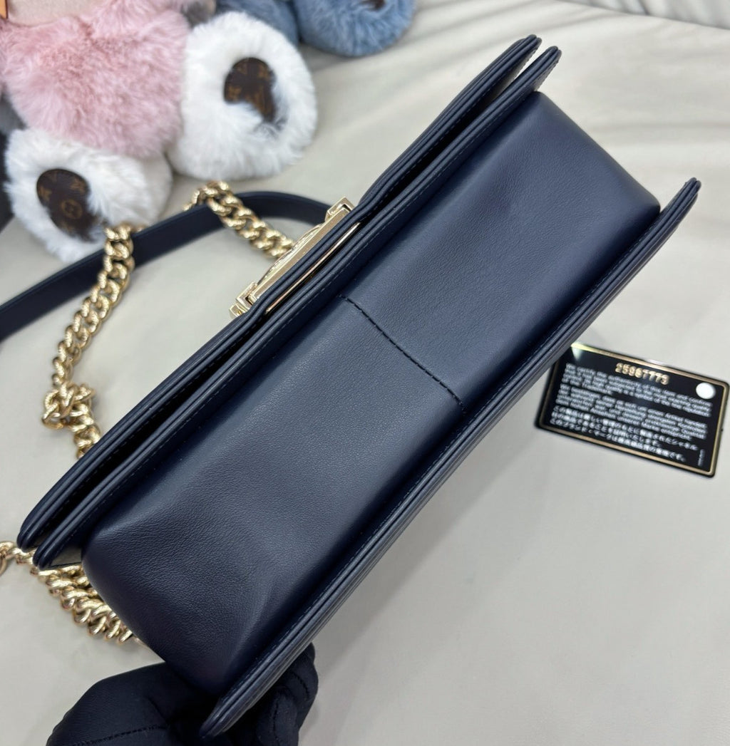 Chanel Leboy MM Chain Shoulder Bag Crossbody Blue Gold Women Classic Fashion