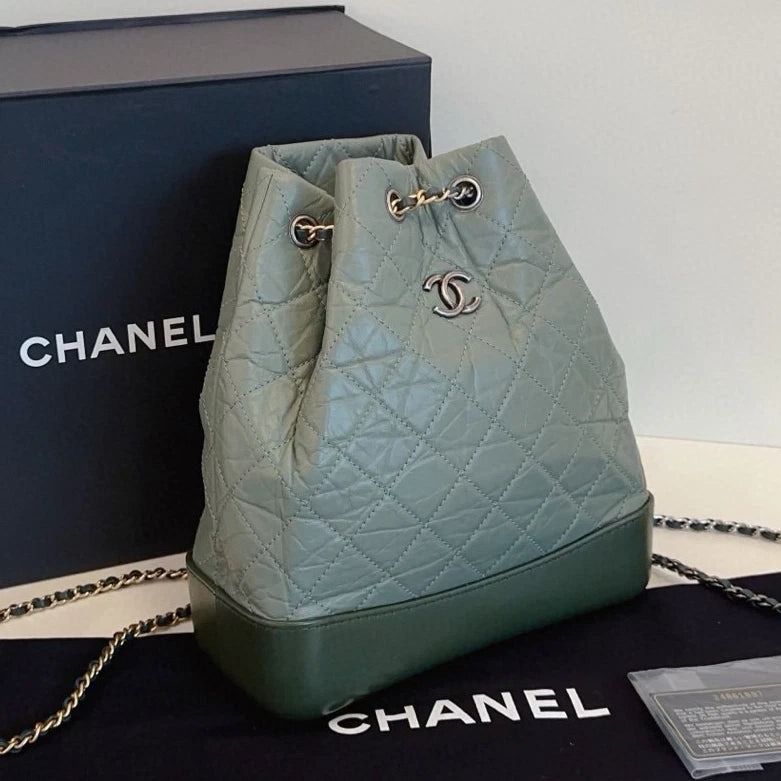 Chanel Gabrielle PM Calfskin Backpack Green Silver Diamond Women Classic