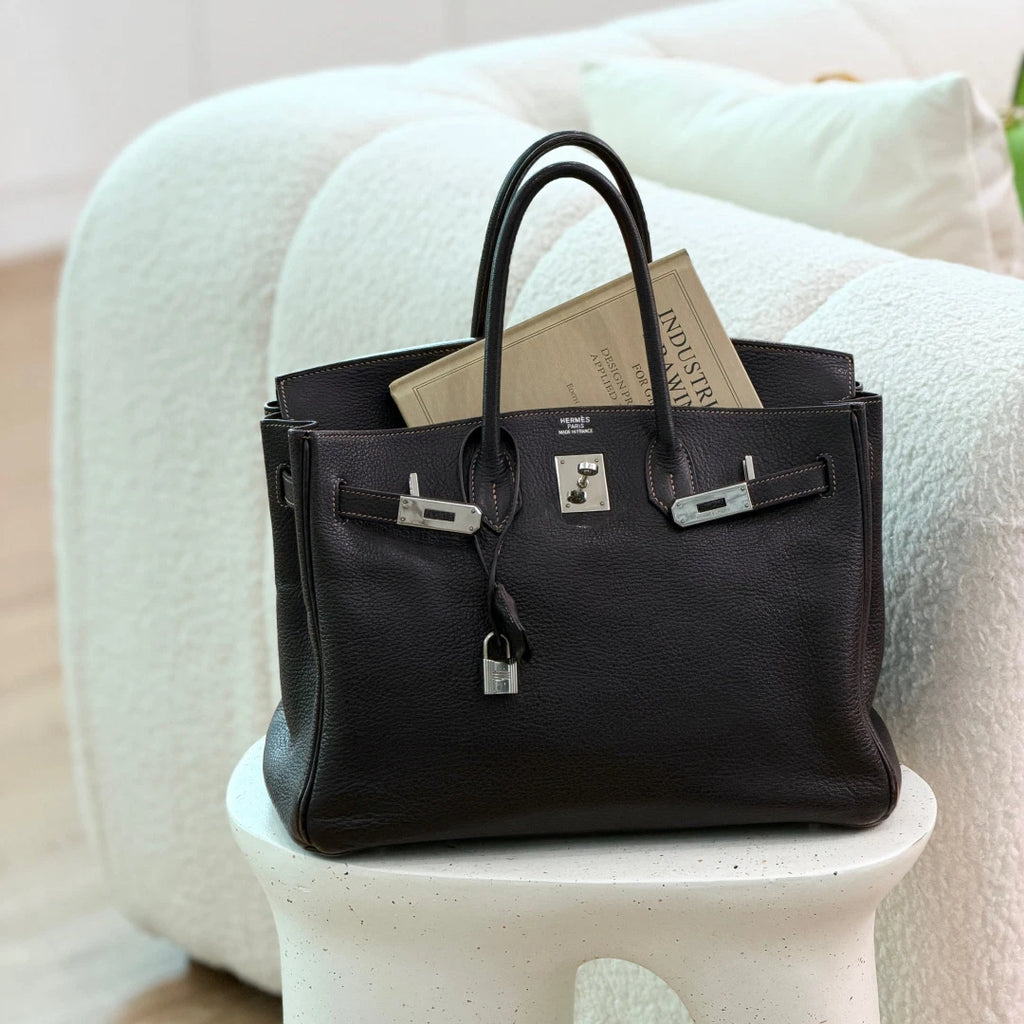 Authentic Hermes Birkin 35 Ebene Brown Water Buffalo Leather Top Handle Bag SHD