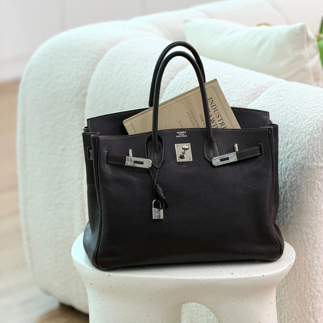 Authentic Hermes Birkin 35 Ebene Brown Water Buffalo Leather Top Handle Bag SHD