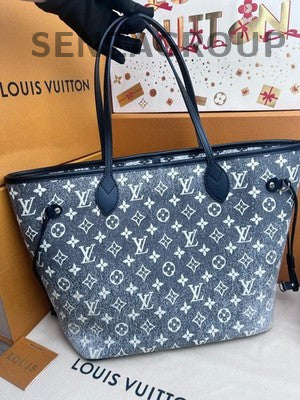Louis Vuitton Neverfull Monogram Denim Grey Tote Bag Women Classic