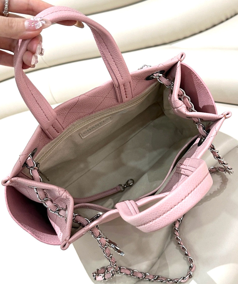 CHANEL Diamond pattern tote Calfskin Sakura Pink Shoulder bag Chain Strap Women