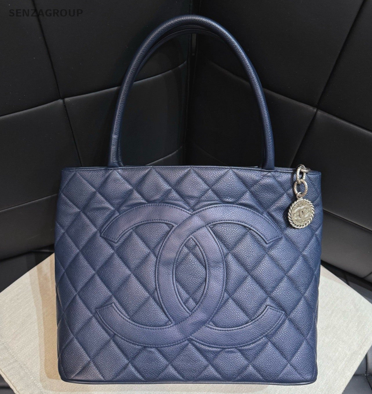 Chanel Diamond CC Logo Handbag Shoulder Bag Blue Silver Women Classic