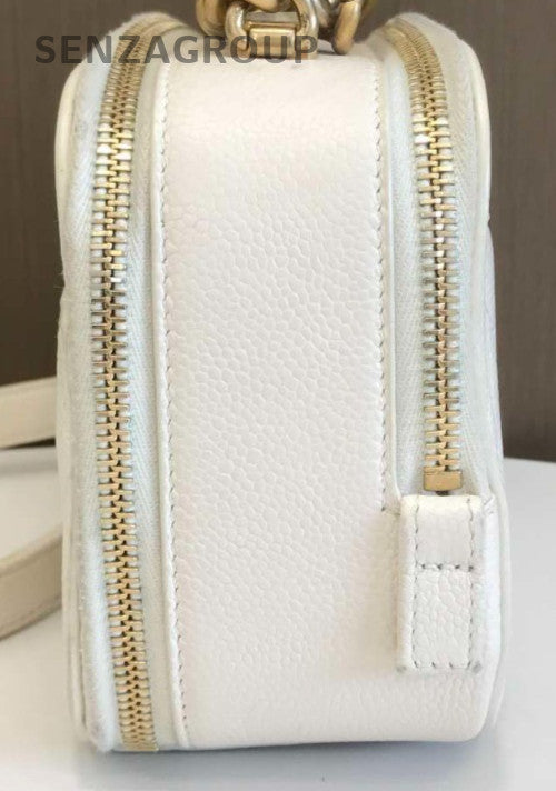 Chanel CC Logo Chain Shoulder Bag Crossbody White Gold Women Diamond Pattern