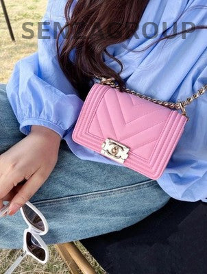 Chanel Le Boy Chevron Quilted Chain Shoulder Bag Pink Gold