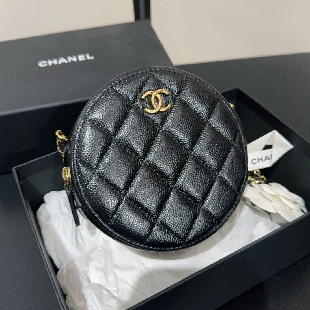 CHANEL Coco Black Gold Leather Round Shoulder Crossbody For Women