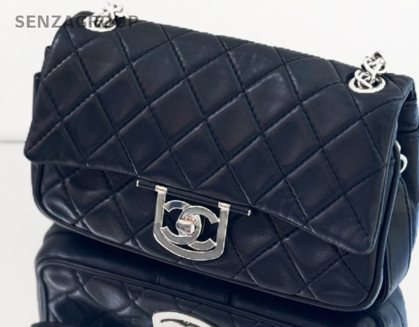 Chanel CF Edinburgh Lambskin Shoulder Bag Black Silver Women