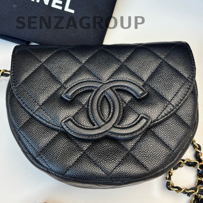 Chanel 23P Quilted Black Caviar Leather Saddle Bag with Chain Strap