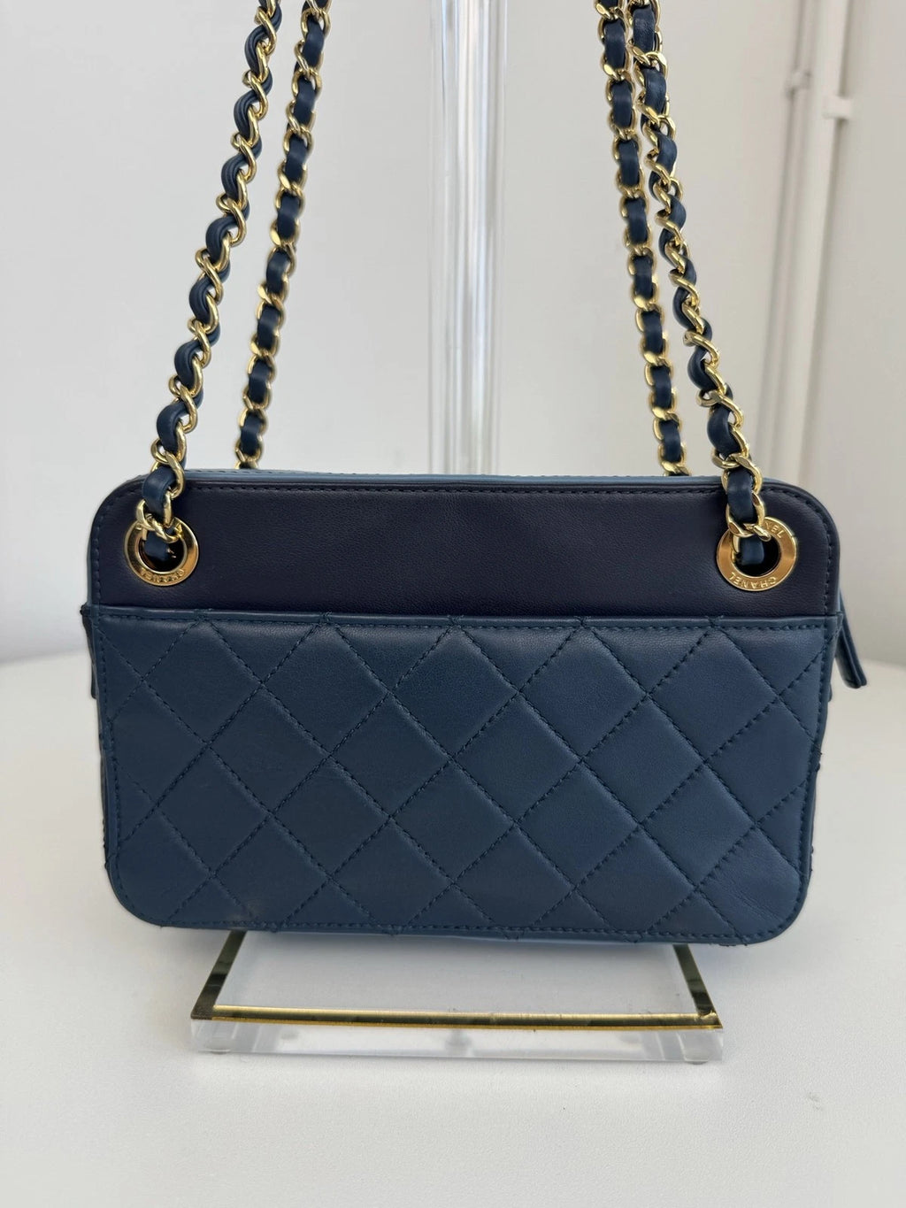 Chanel Diamond Camera Bag Double Chain Blue Shoulder Bag Gold Hardware