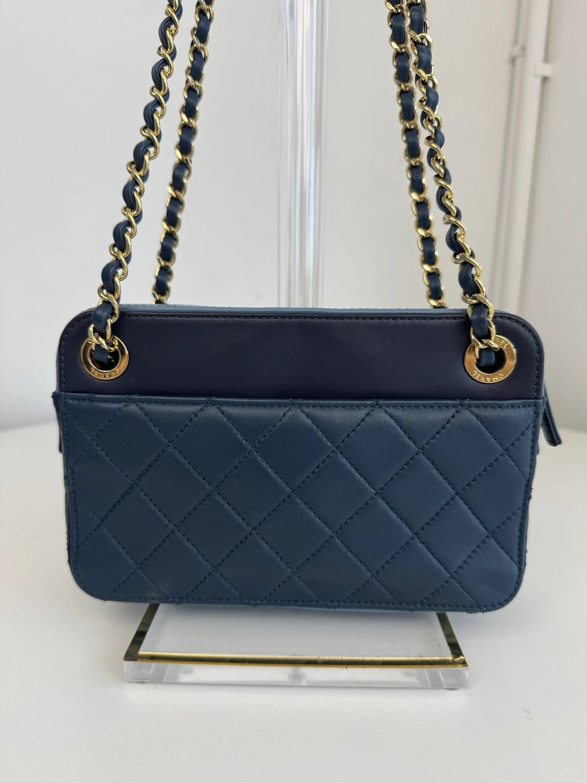 Chanel Diamond Camera Bag Double Chain Blue Shoulder Bag Gold Hardware