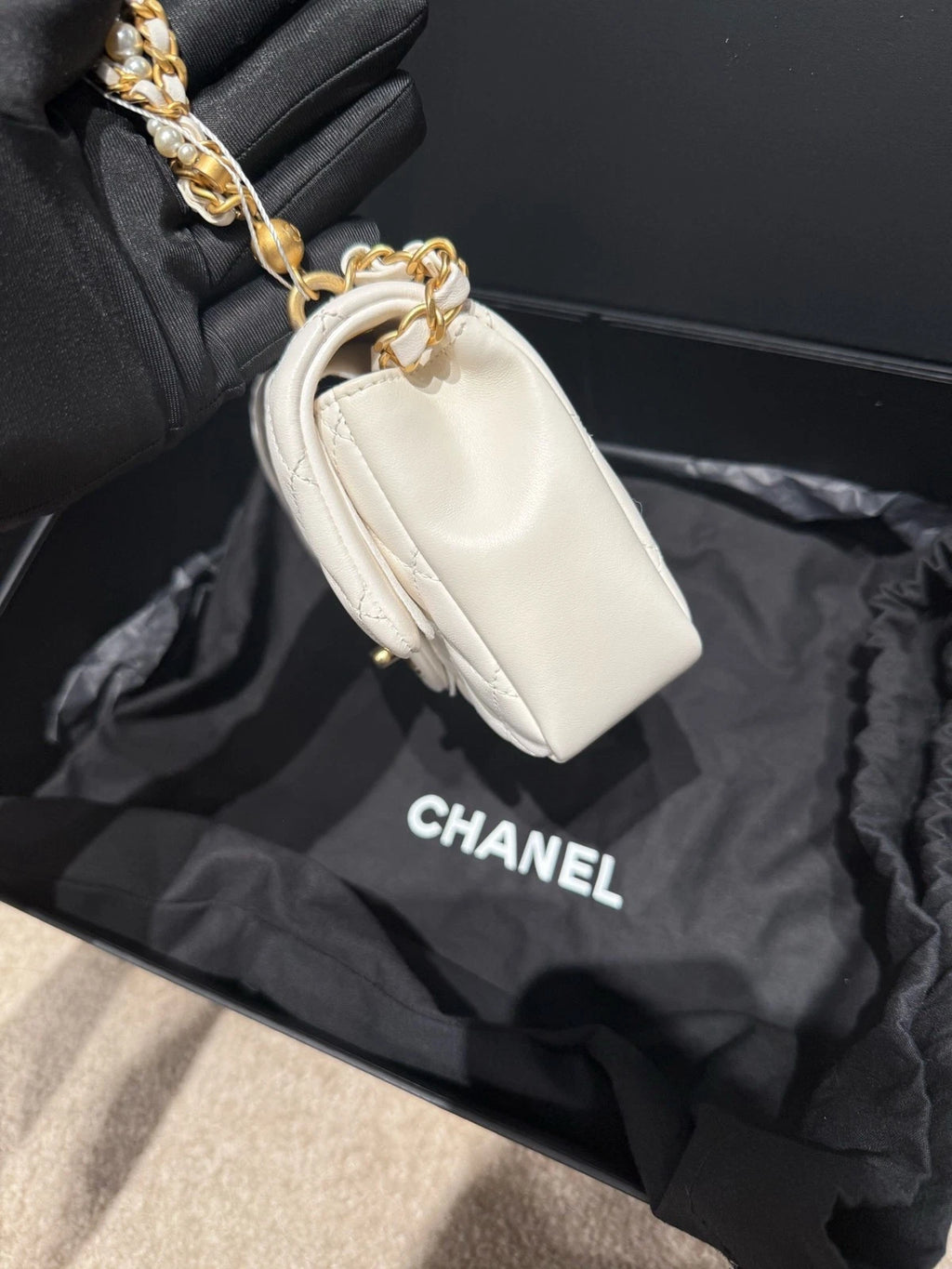 Chanel Pearl Chain White Gold Square Crossbody Bag For Women