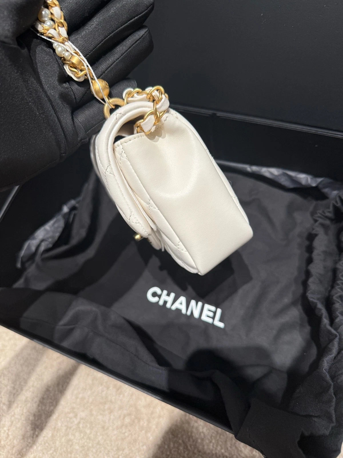 Chanel Pearl Chain White Gold Square Crossbody Bag For Women