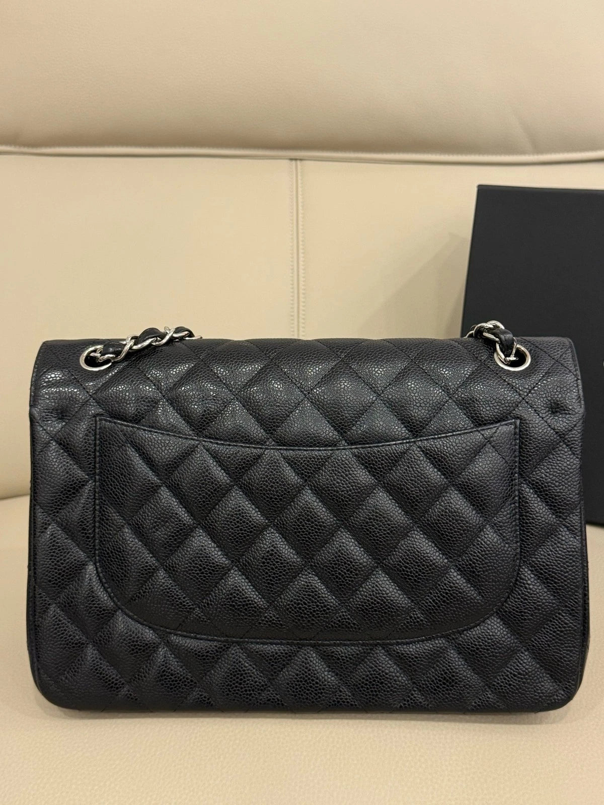 CHANEL CF Maxi Double Flap Black Silver Grained Leather Chain Bag For Women