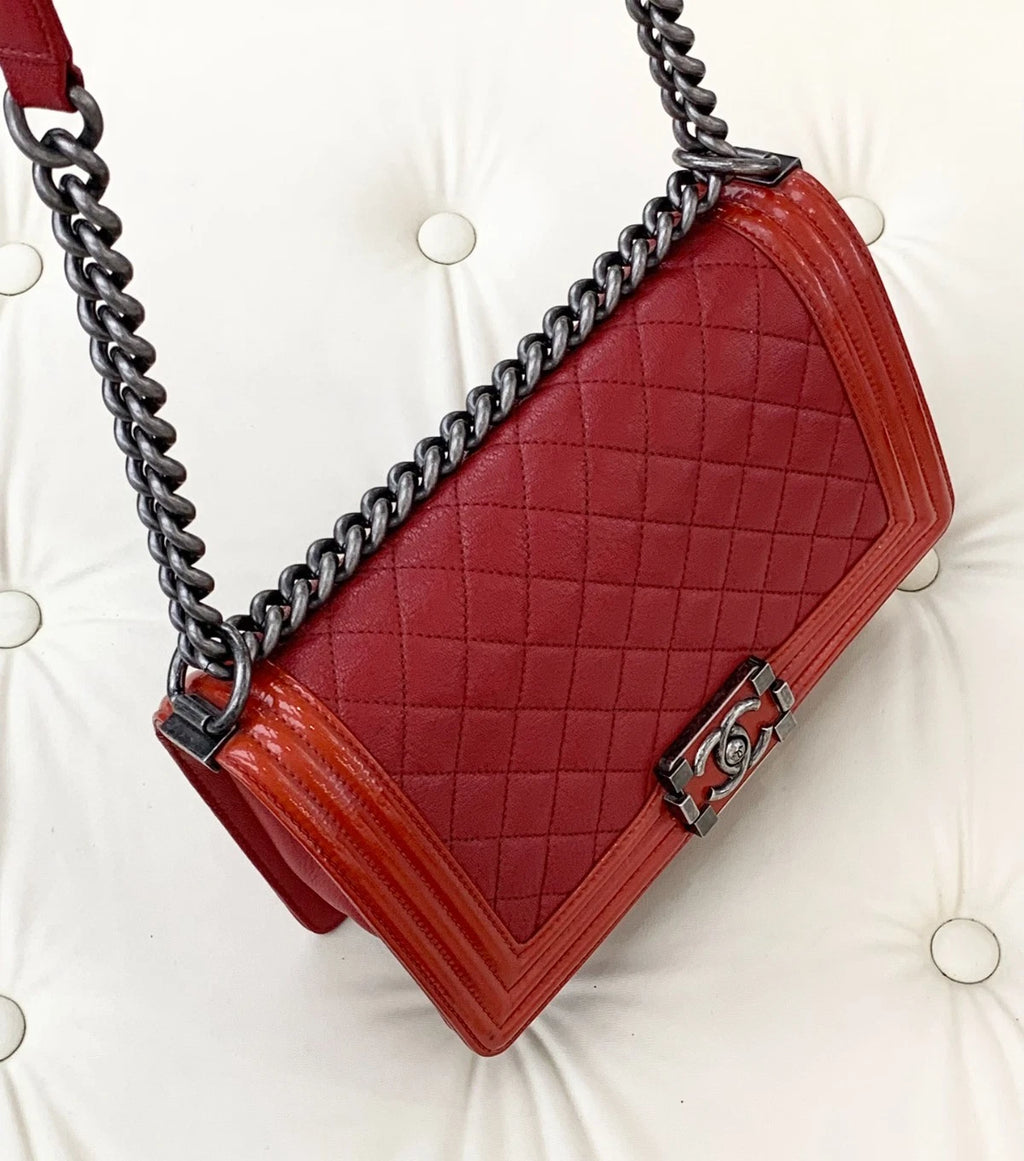 Chanel Leboy MM Calfskin Patent Chain Shoulder Bag Crossbody Red Women S