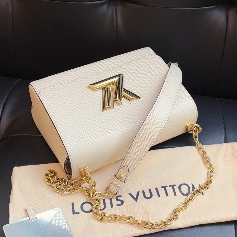 Louis Vuitton Twist MM Chain Shoulder Crossbody Bag White Gold Women Classic