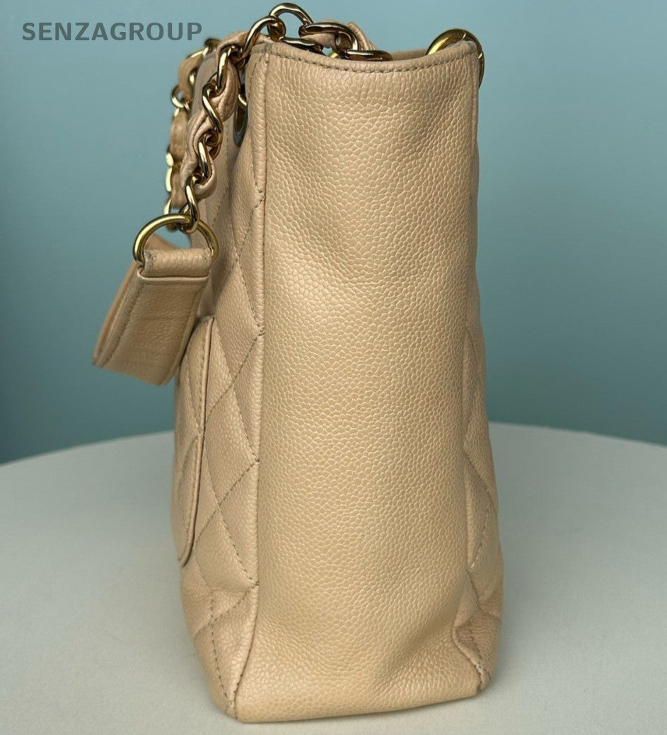 Chanel PST Chain Calfskin Diamond Shoulder Bag Beige Gold Women Classic