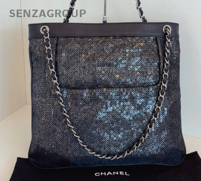 Chanel Calfskin Chain Tote Shoulder Bag Crossbody Black Silver Women Classic