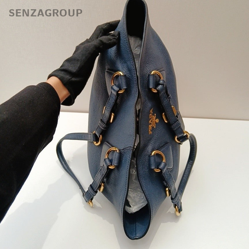Prada Calfskin Tote Shoulder Bag Blue Gold Used Women Classic