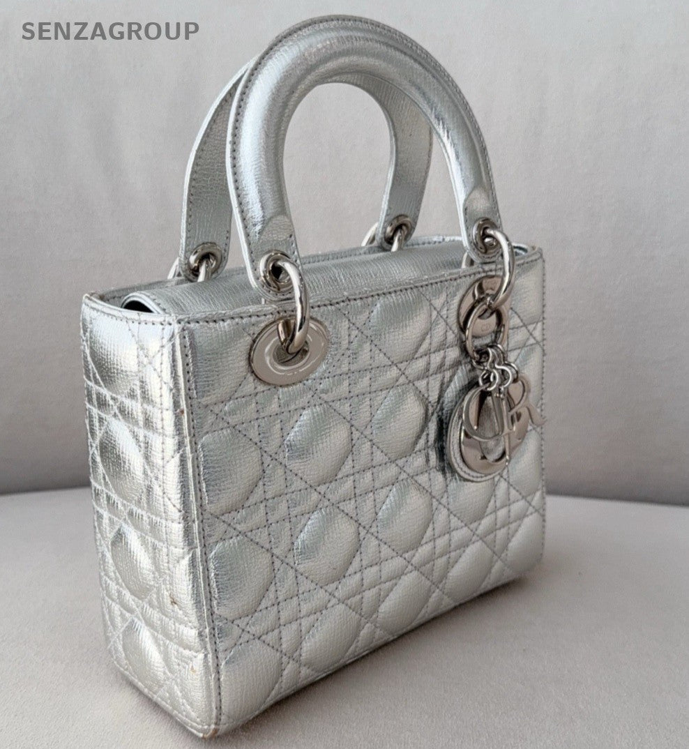 Christian Dior Lady Dior 2Way Top Handle Bag Silver Used Women Designer