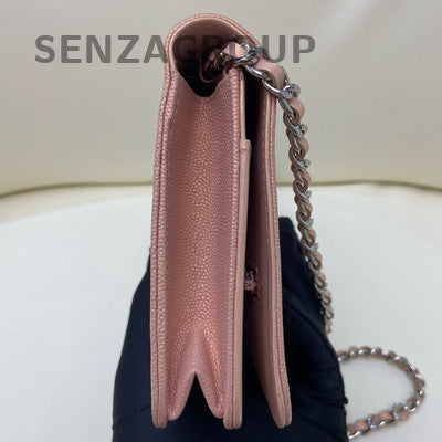 Chanel Pink Silver Hardware V-Stitch WOC Calfskin Chain Shoulder Bag