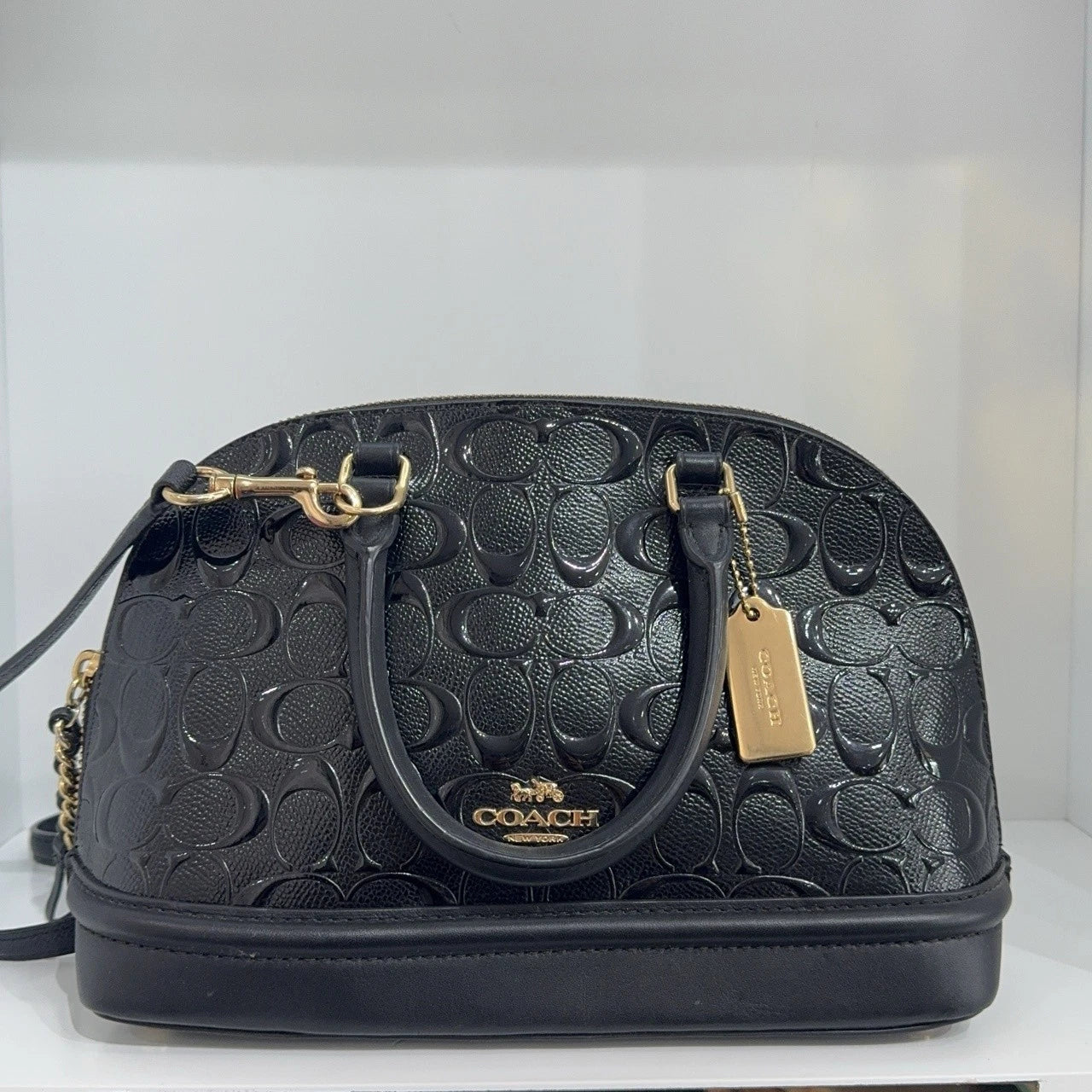 Coach Black Leather Embossed Monogram Crossbody Shoulder Handbag For Women