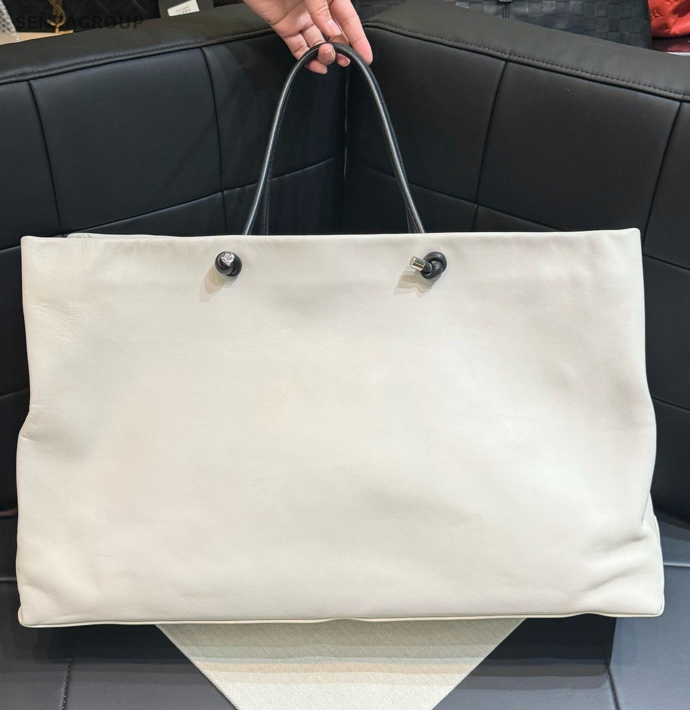 Chanel Cambon Calfskin Tote Shoulder Bag White Black Women Classic