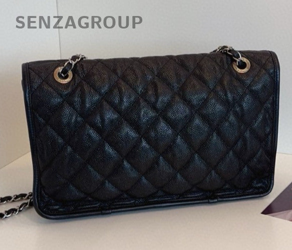 Chanel Classic Flap Calfskin Chain Shoulder Bag Black Silver Women Designer