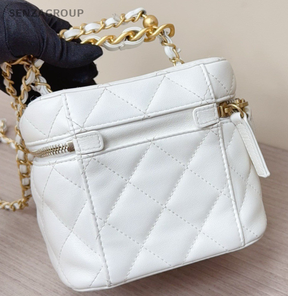 Chanel Diamond Chain Box Shoulder Bag Crossbody White Gold Women Classic