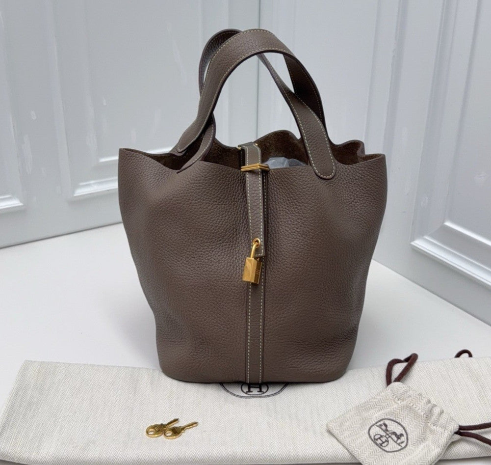 Hermes Picotin22 Top Handle Shoulder Bag Gray Gold Women Classic Fashion