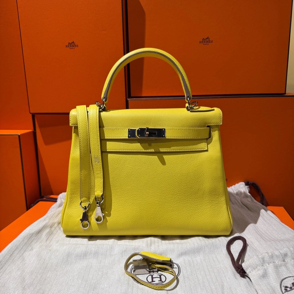 Hermes Kelly28 Evercolor Leather Yellow Top Handle Bag For Women