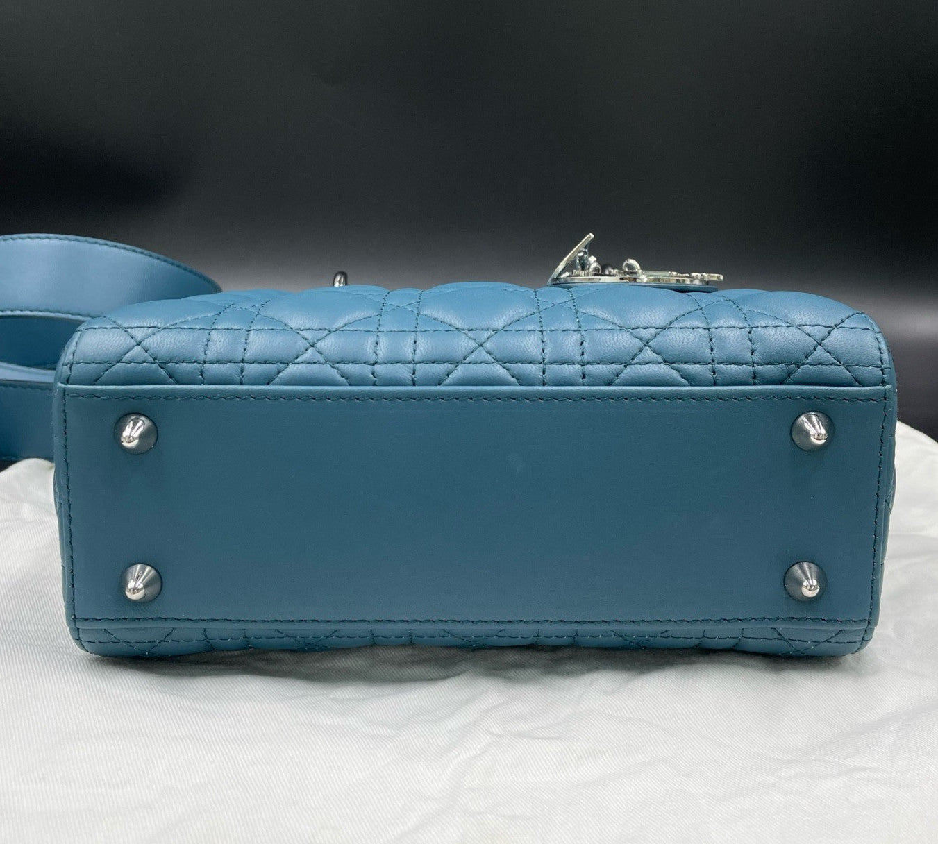 Christian Dior Lady Dior Cannage Top Handle Crossbody Blue Silver Women Classic