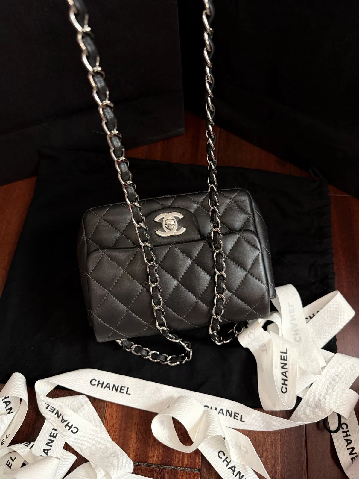 CHANEL Classic Flap Mini Square Crossbody Bag Women's Metallic Grey Quilted