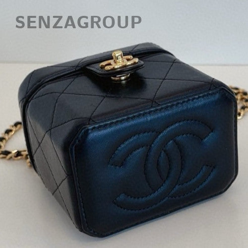 Chanel Lambskin Box Chain Shoulder Bag Crossbody Black Gold Women Classic