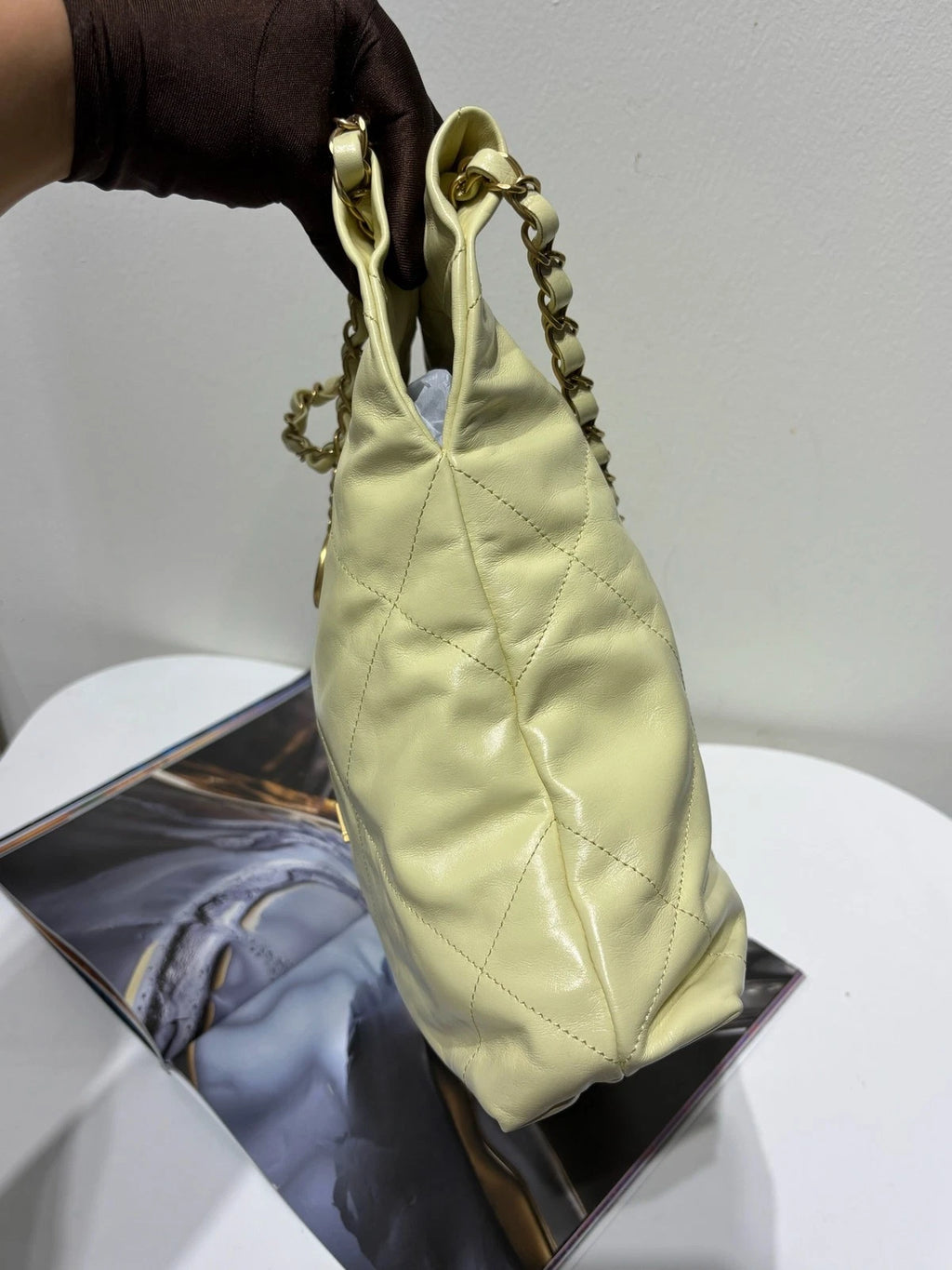 Authentic CHANEL 22 Small Yellow Tote Shoulder Bag For Women