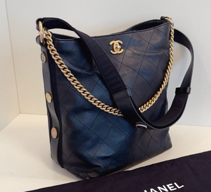 Chanel Hobo PM Chain Shoulder Bag Crossbody Black Gold Women Classic Diamond