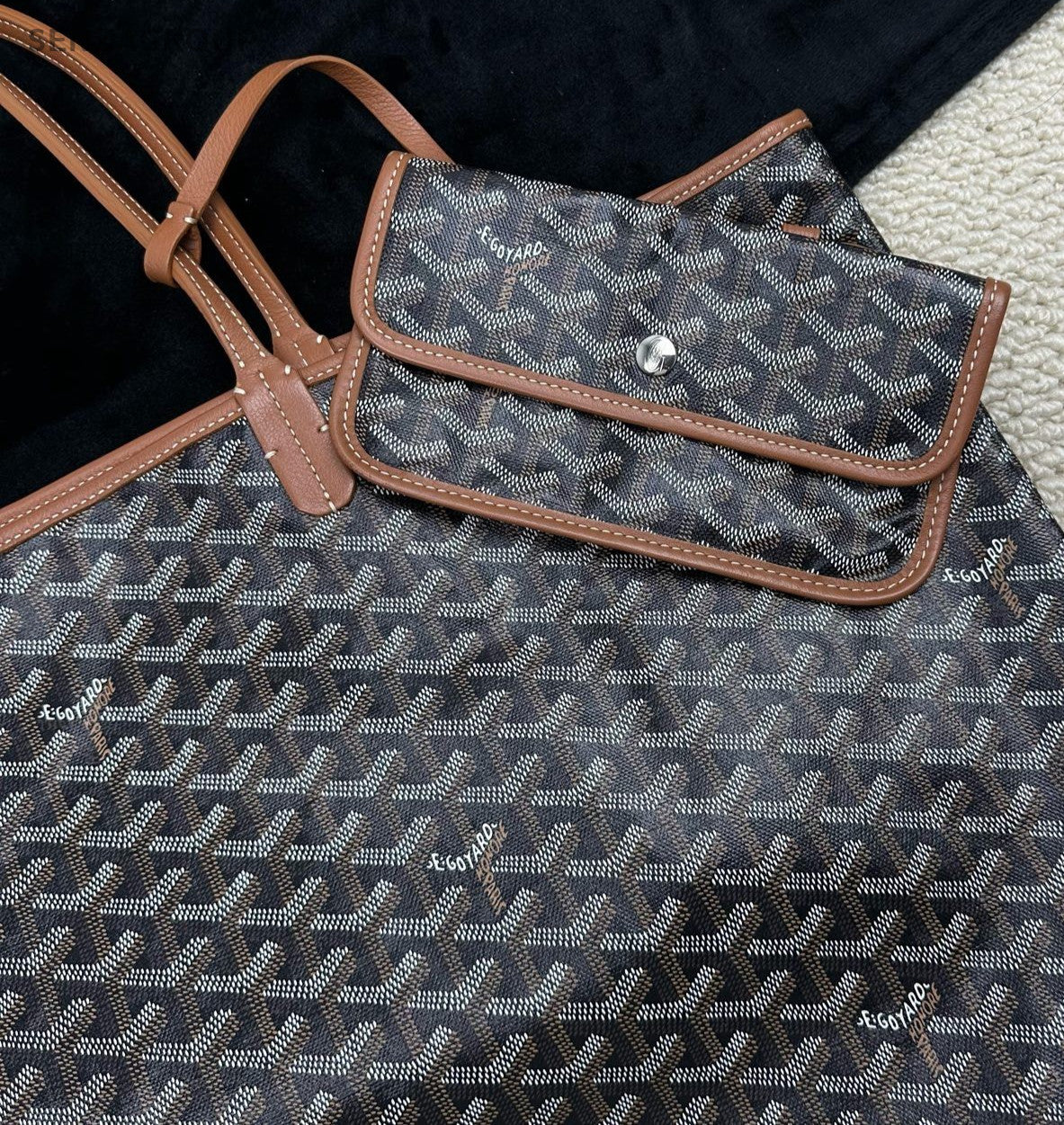 Goyard GM Canvas Monogram Tote Shoulder Bag With Pouch Women Black.